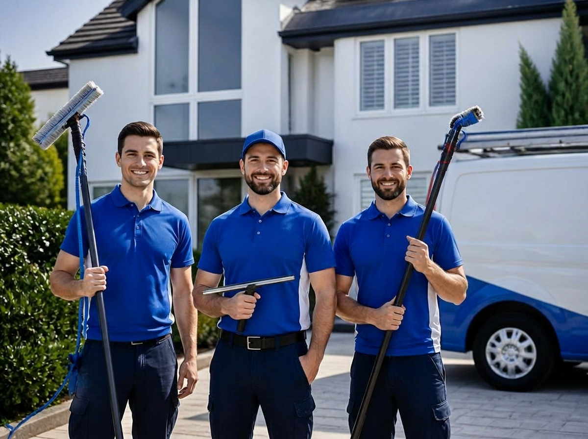 Highland Windows cleaning team standing in front of a home