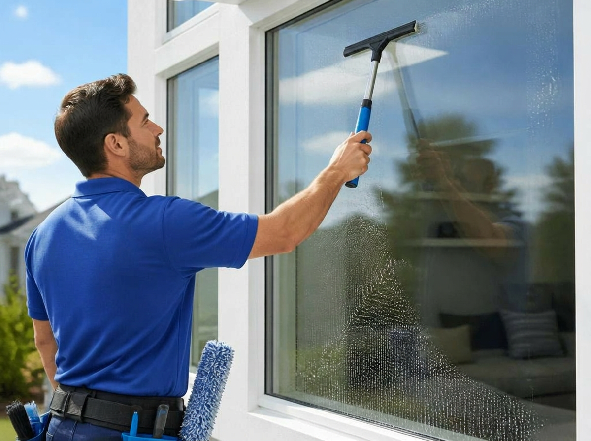 Professional window cleaner washing a large residential window